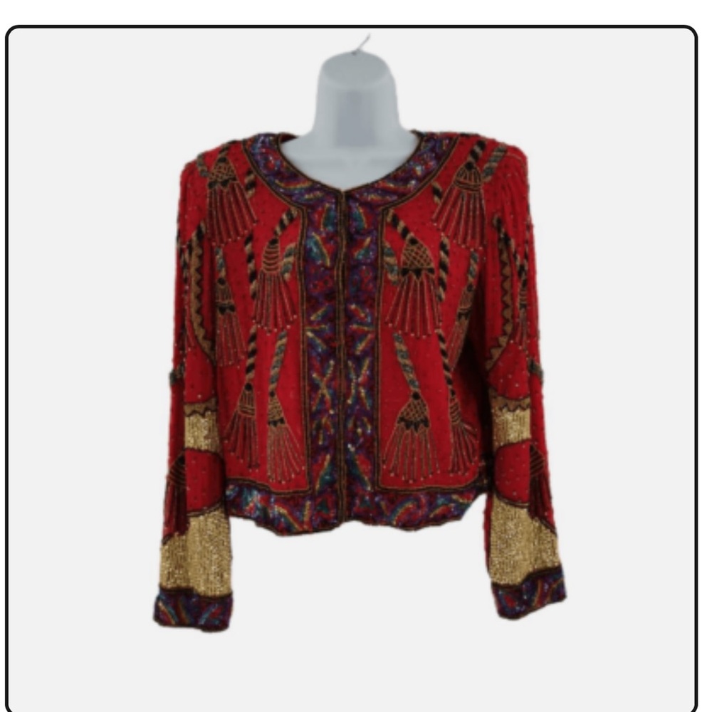 Vintage Laurence Kazar Silk Beaded Cropped Evening Jacket SZ S